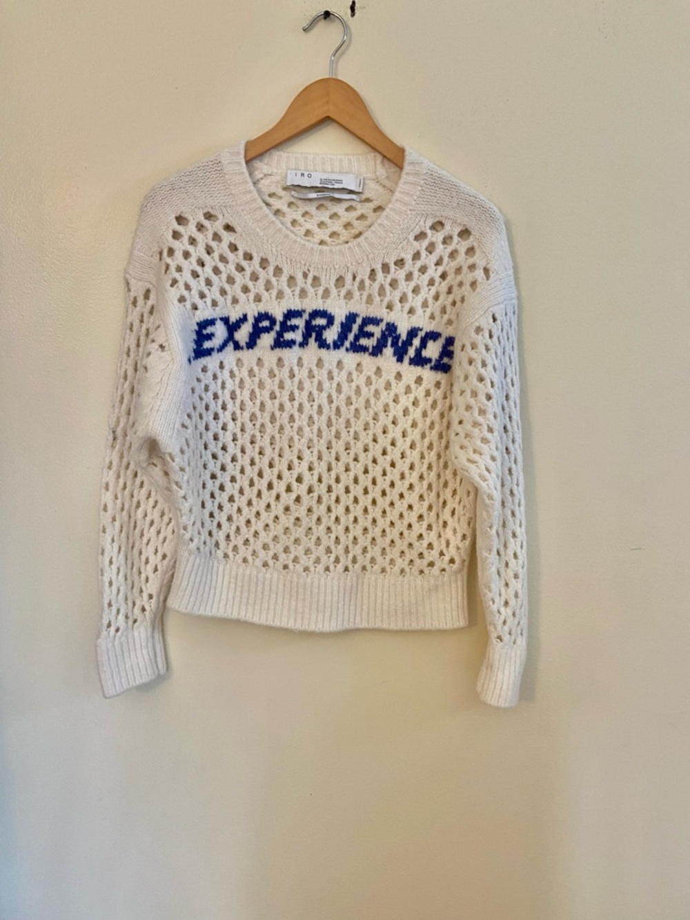IRO Cream Open-Knit Crewneck Sweater with Blue 'EXPERIENCE' Graphic XS - Picture 2 of 10